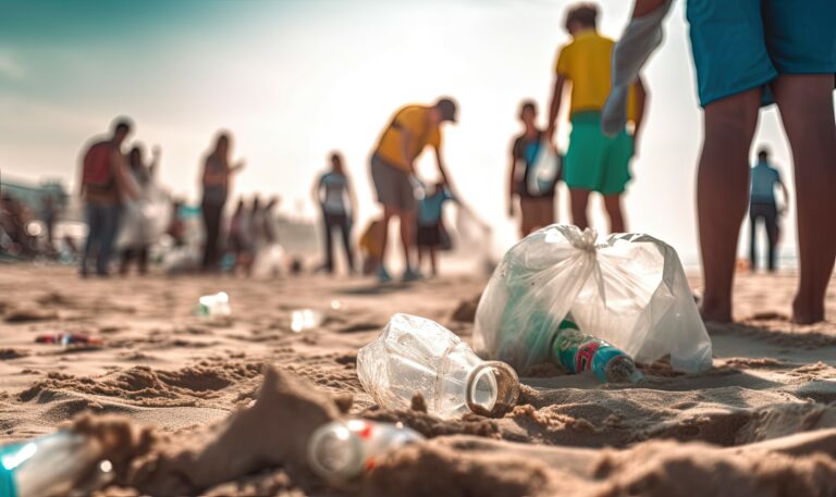 Community Cleanup Initiative. Join the efforts of volunteers cleaning up a dirty beach, taking responsibility for the environment.