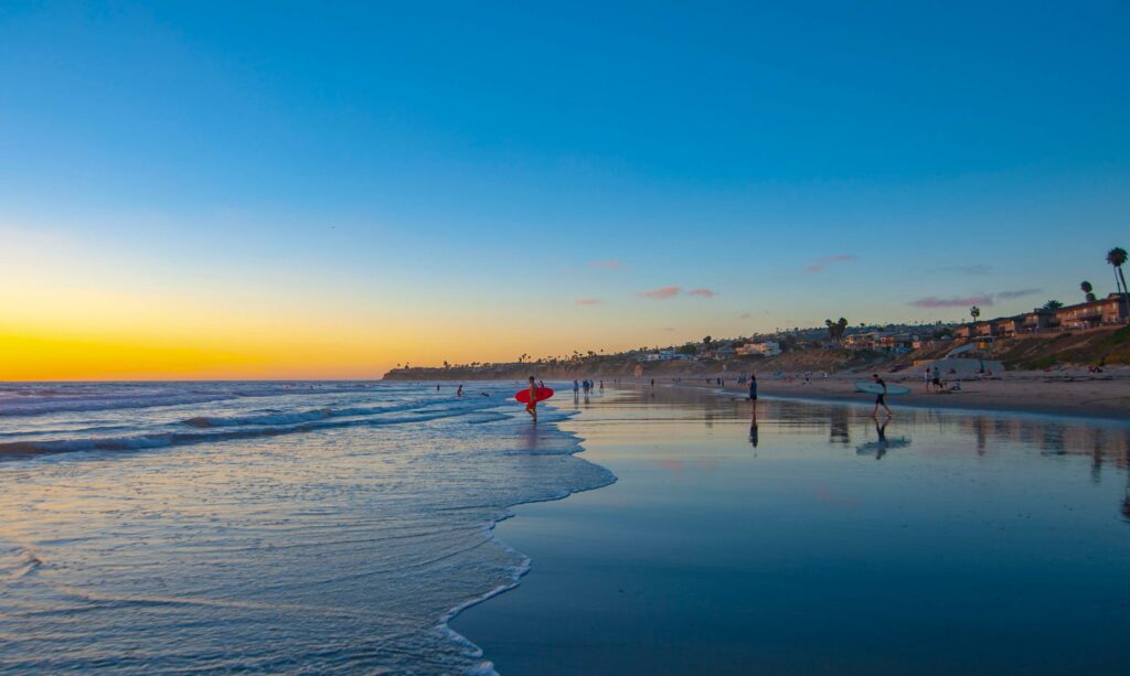 Sunrise along the coastline of San Diego. The best time of day to surf in San Diego.