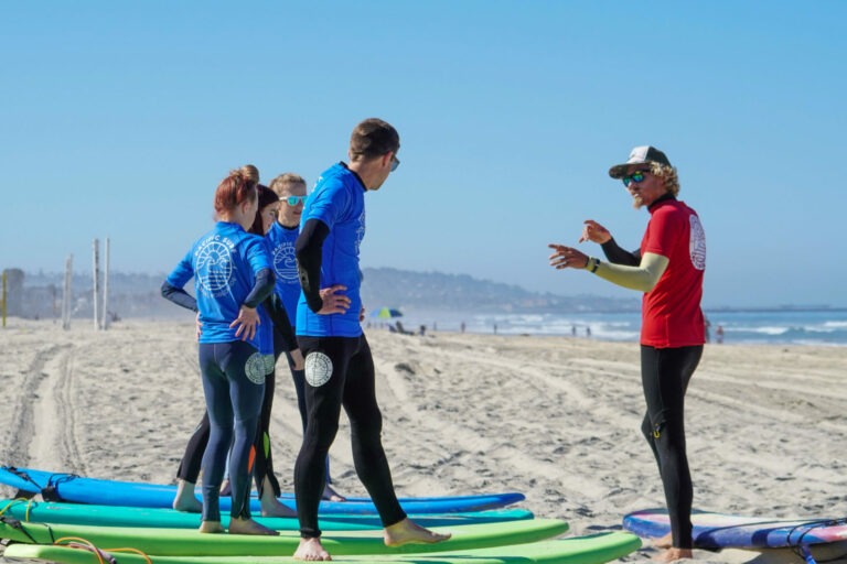 Surf instructor teaching a group of surf students