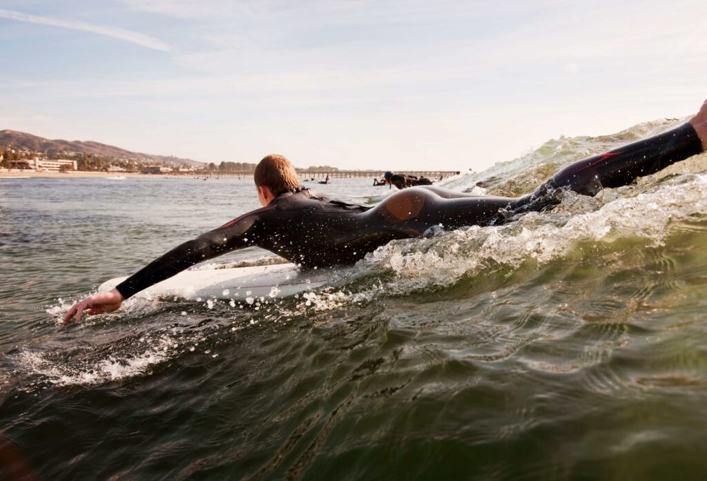 Group of surfers learning how to drop in on a wave.
