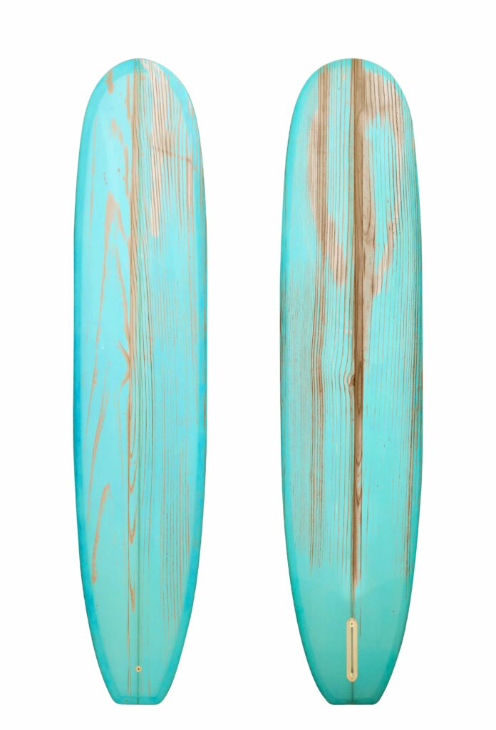Bottom and top of a blue longboard