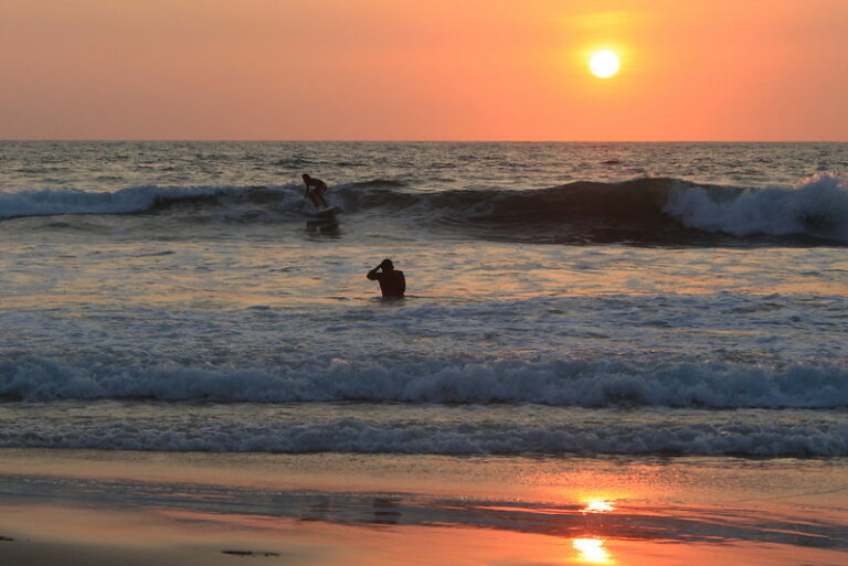 Surfers at sunset